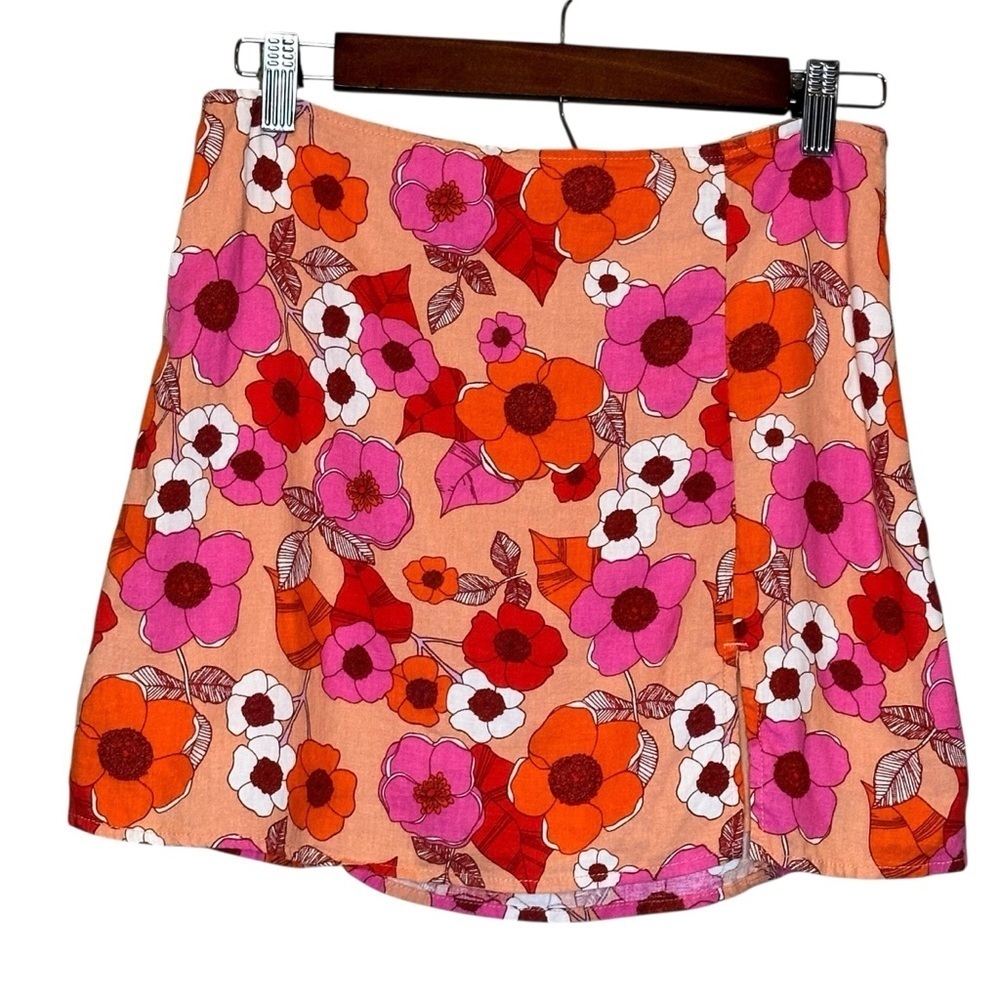 Urban Outfitters Pink, Orange, and White Floral Linen Lined Mini Skirt Medium - Picture 2 of 10